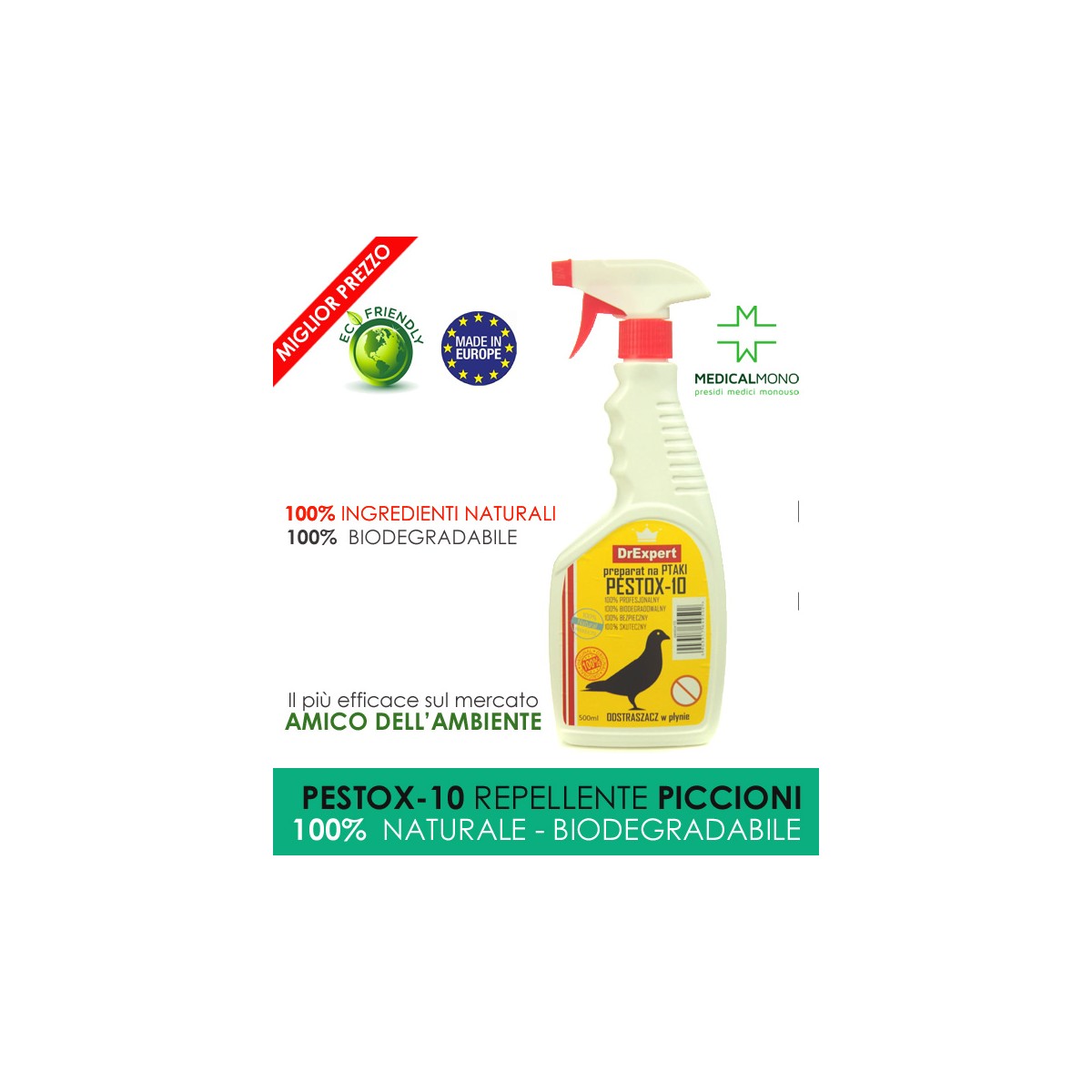 Spray repellente per piccioni e uccelli, naturale - 500 ml