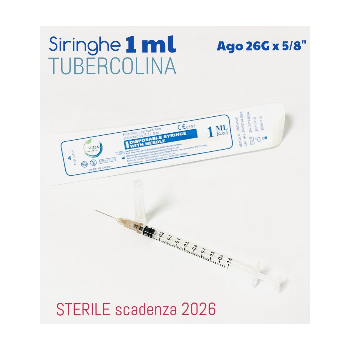 Siringa Tubercolina 1 ml G26 - 200 pezzi, Sterile