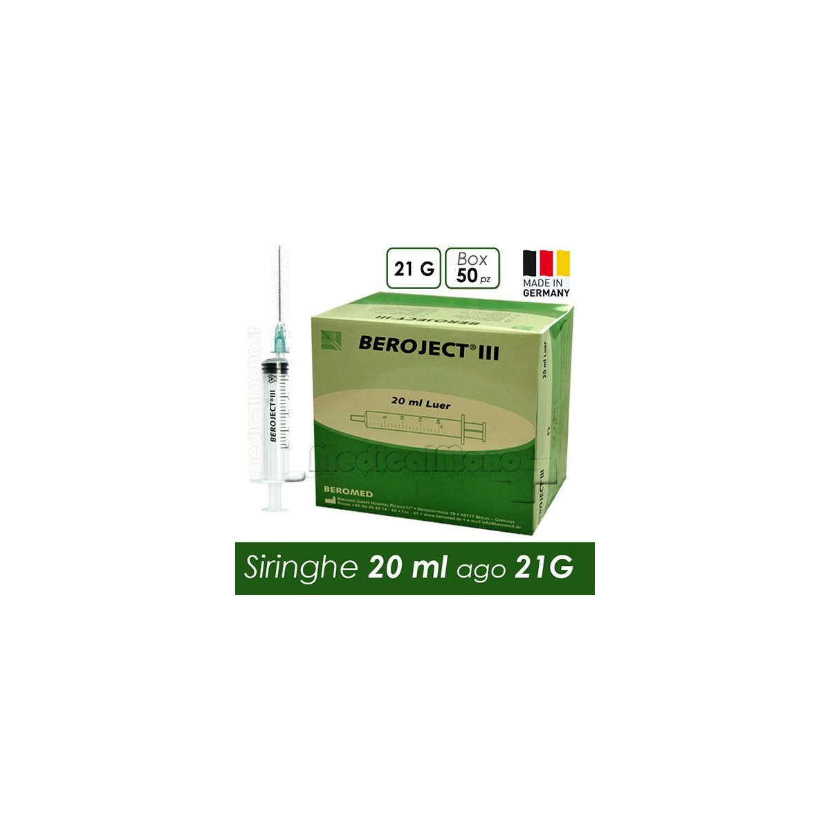 Siringhe sterili da 20 ml, ago 21 G - 50 pezzi