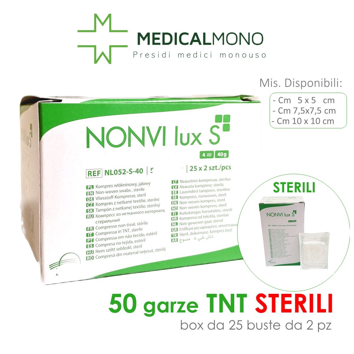 Compresse TNT NONVI lux S - 4 strati STERILI - Box 25 buste da 2 pz - 50 pz