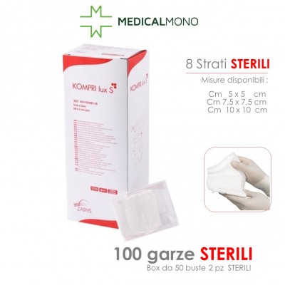 Compresse piegate di garza KOMPRI lux S - 8 strati STERILI - Box 50 buste da 2 pz - 100 pz