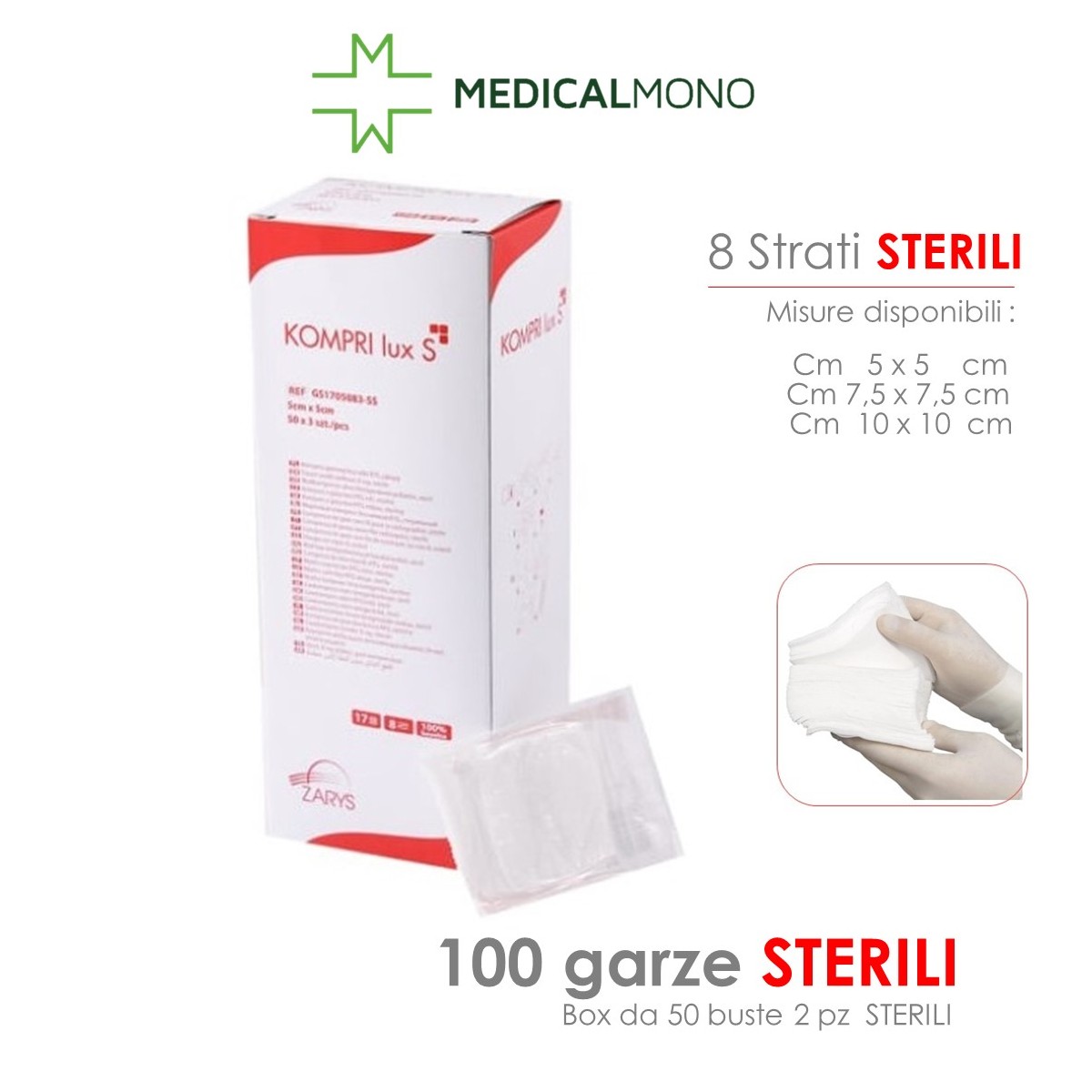 Compresse piegate di garza KOMPRI lux S - 8 strati STERILI - Box 50 buste da 2 pz - 100 pz